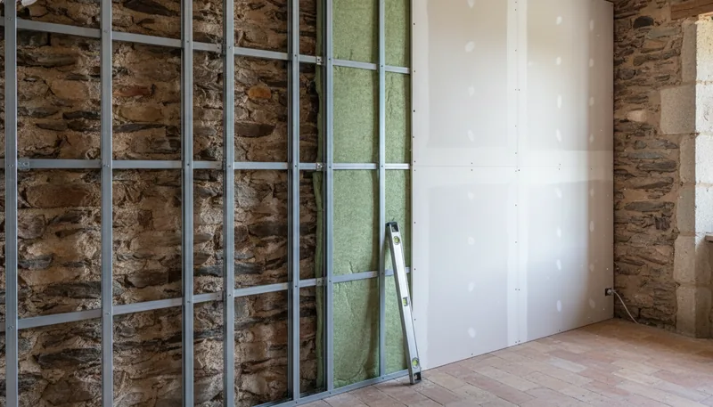 Doublage isolant posé sur un mur de schiste dans une maison ancienne d'Avesnières à Laval