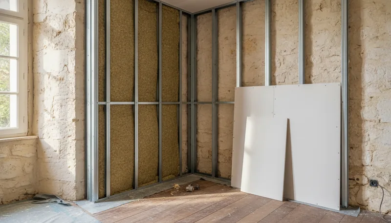 Doublage sur ossature ventilée posé contre un mur de tuffeau dans une maison ancienne de Saumur