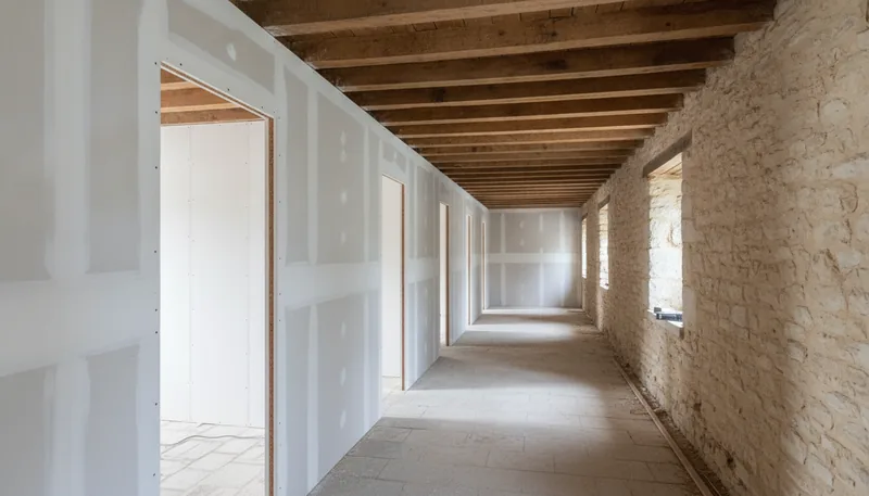 Longère des Mauges redécoupée en chambres avec cloisons et doublage en plaques de plâtre à Sèvremoine